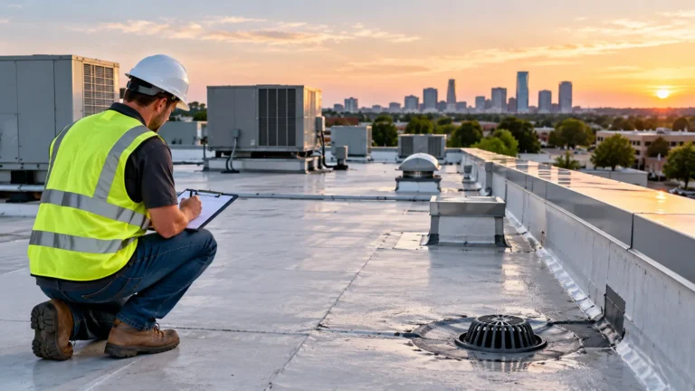 Commercial roof maintenance inspection on a North DFW business property