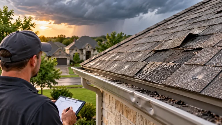 Roof storm damage signs on a Keller TX home after hail and high winds
